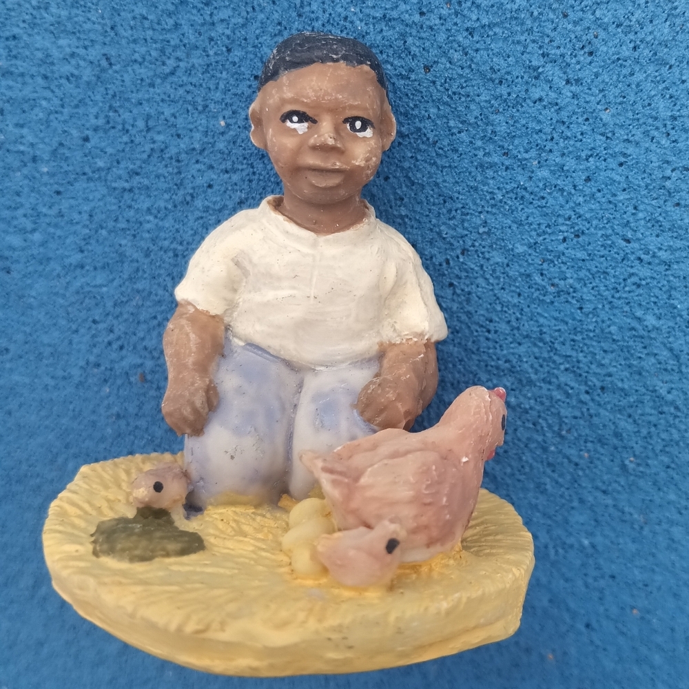 Vintage Ceramic Little Brown Boy With Chicken Figurine